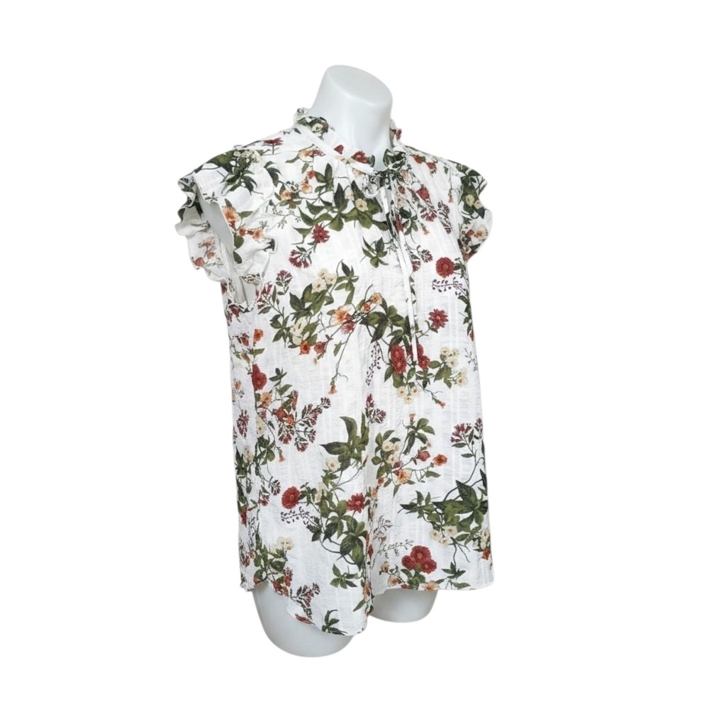 Tamara H Womens L Multicolor Floral Ruffle Front Tie Neck Crinkle Sleeveless Top